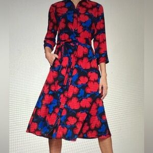 Banana Republic Long Sleeve Black And Red Floral Dress 2P With Tie Belt Buttons
